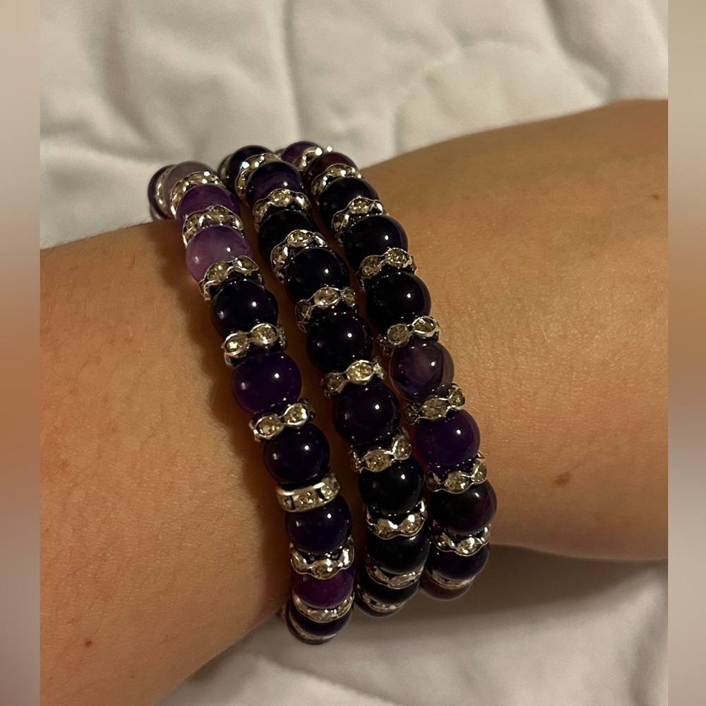Set of 3 Handmade Stretchy Purple Agate Bracelets